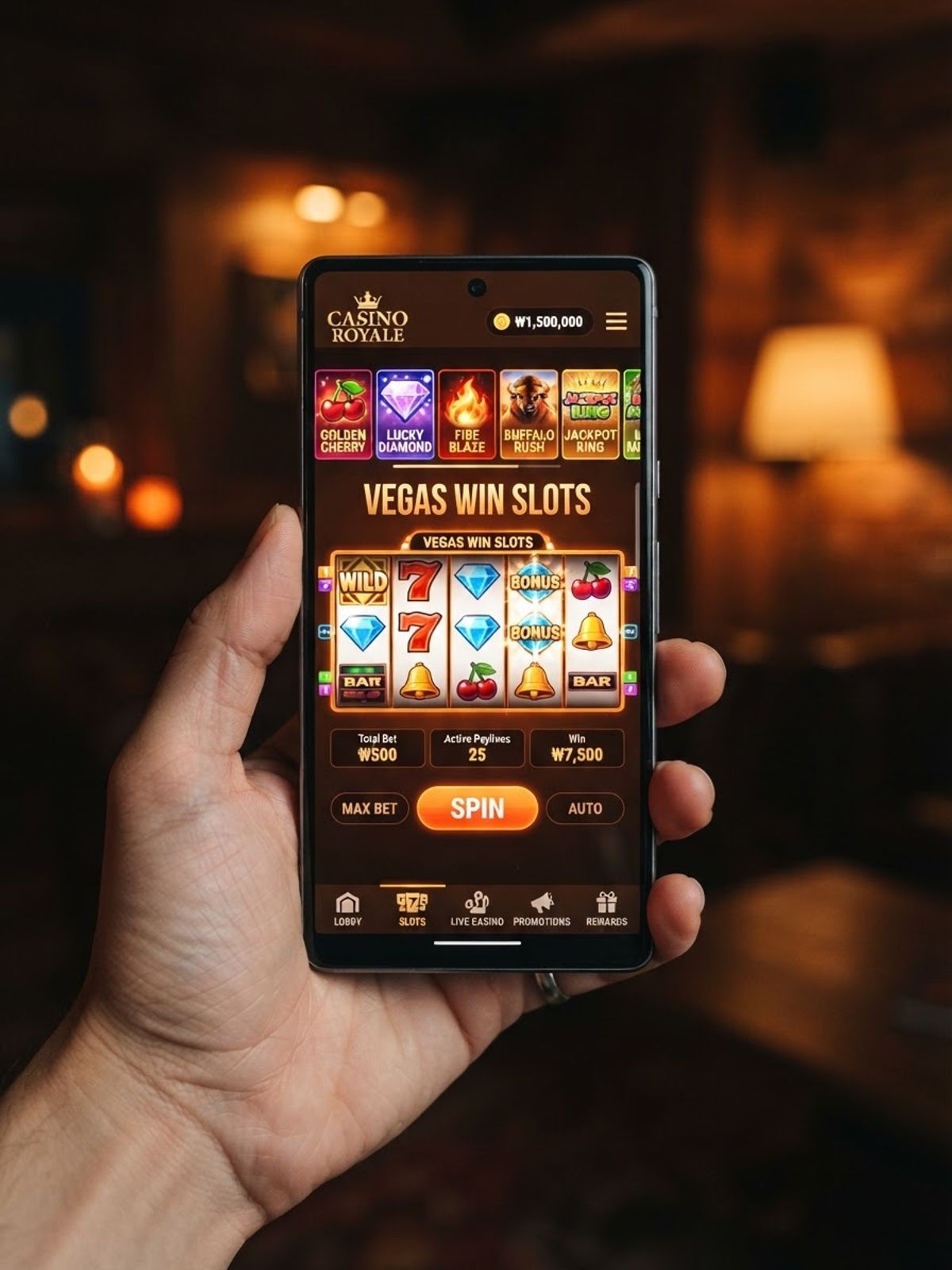 Smartphone affichant l'interface d'une application de casino