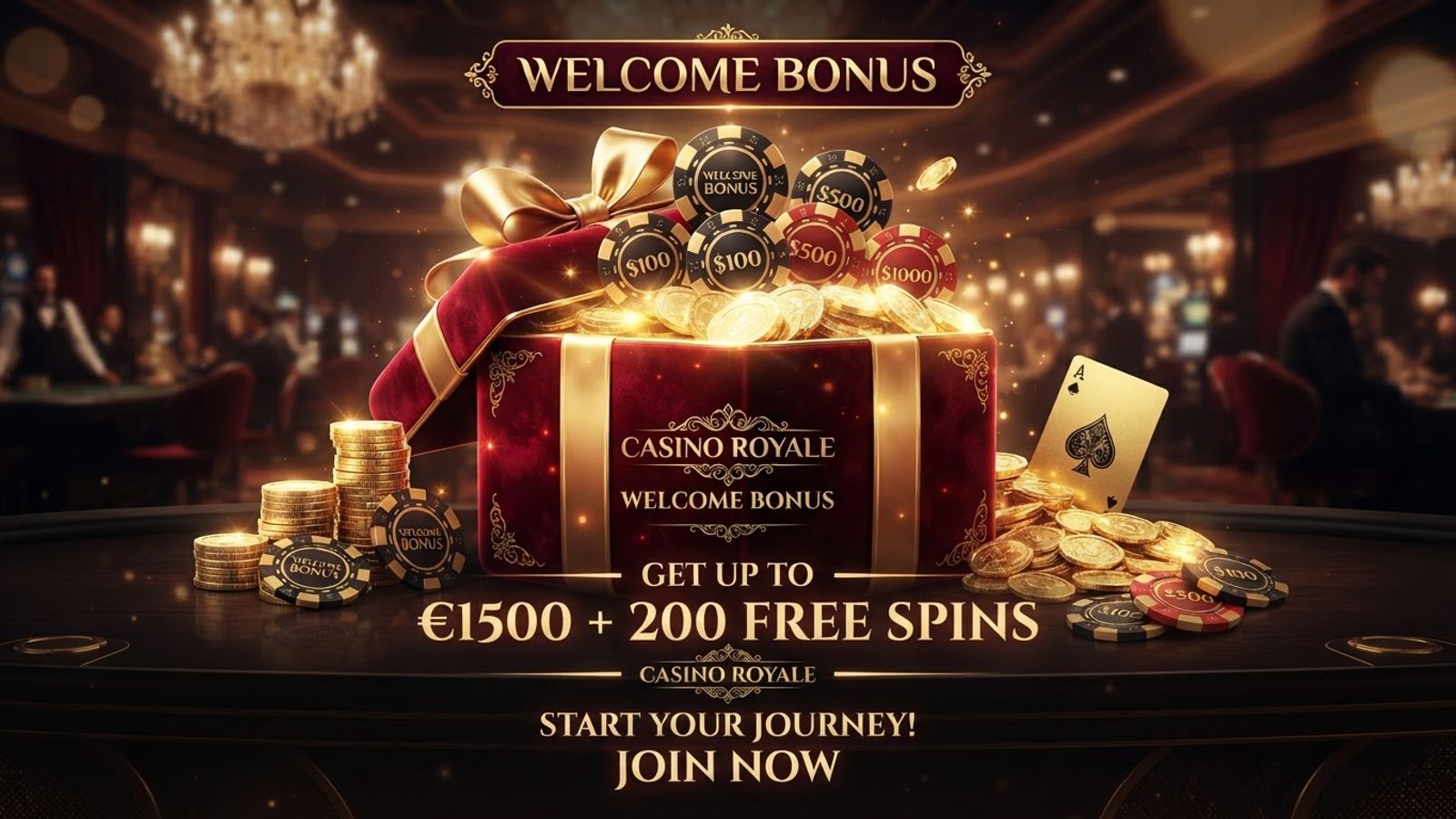 Pièces dorées et jetons de poker autour d'un coffret cadeau pour le bonus de bienvenue