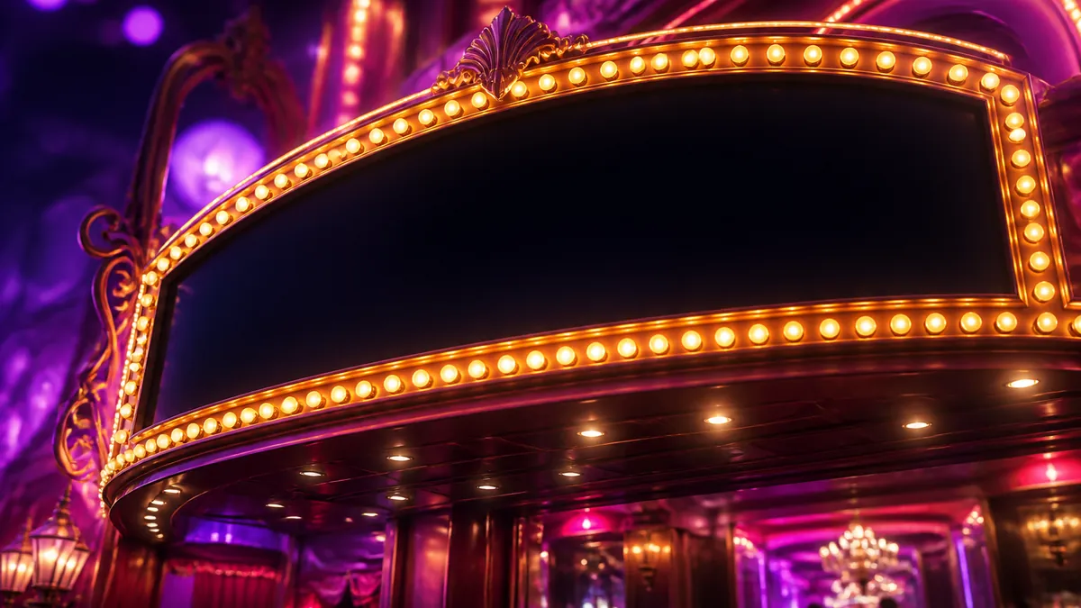 Enseigne de casino bordée d'ampoules dorées sur fond violet