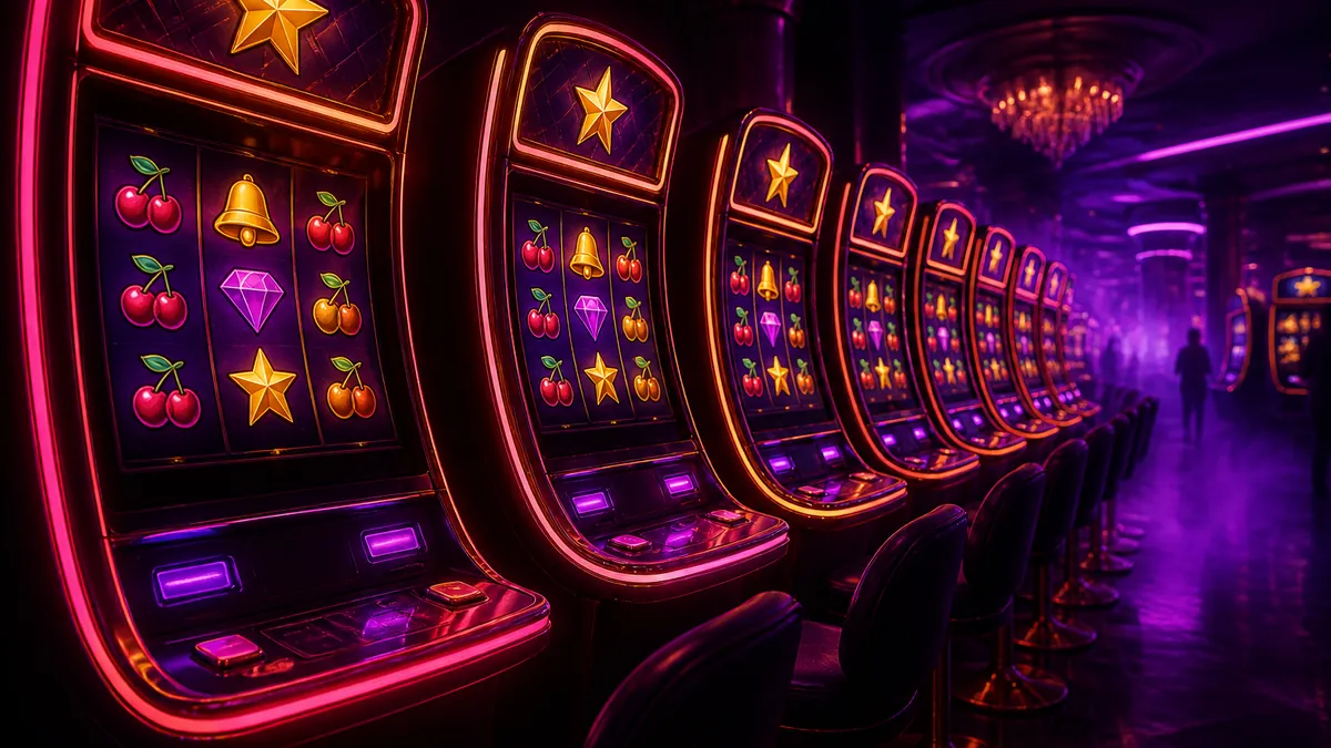 Rangée de machines à sous lumineuses dans une salle violette