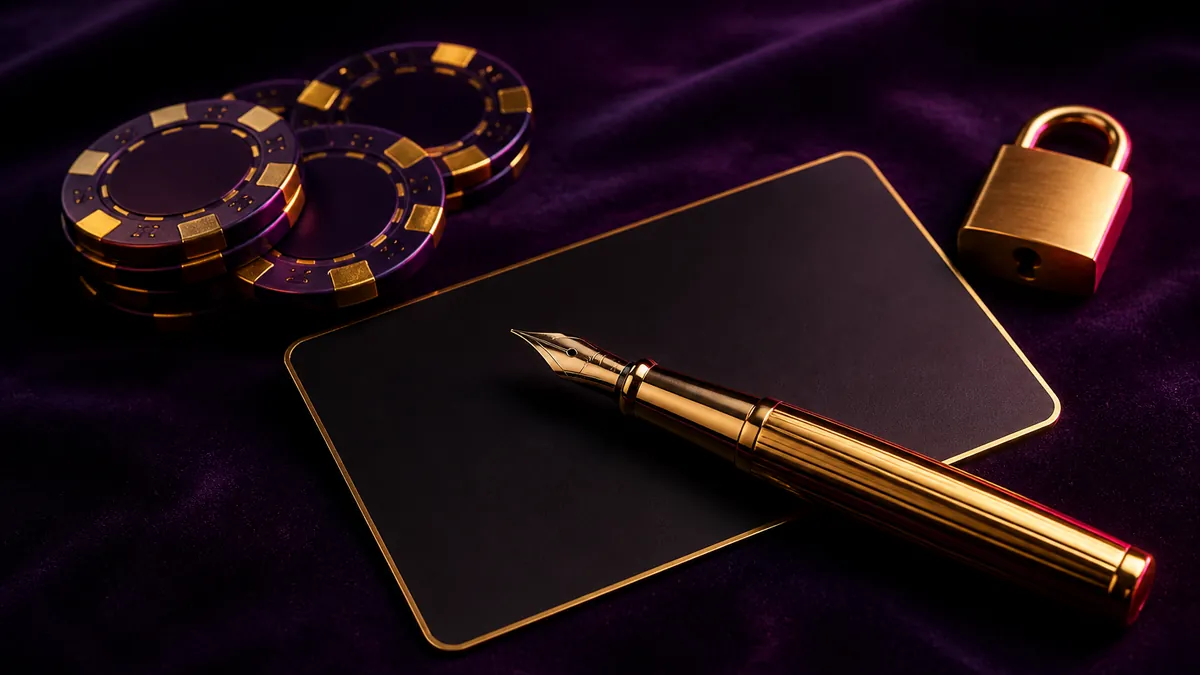 Stylo doré posé sur une carte de membre noire, jetons et cadenas sur velours violet