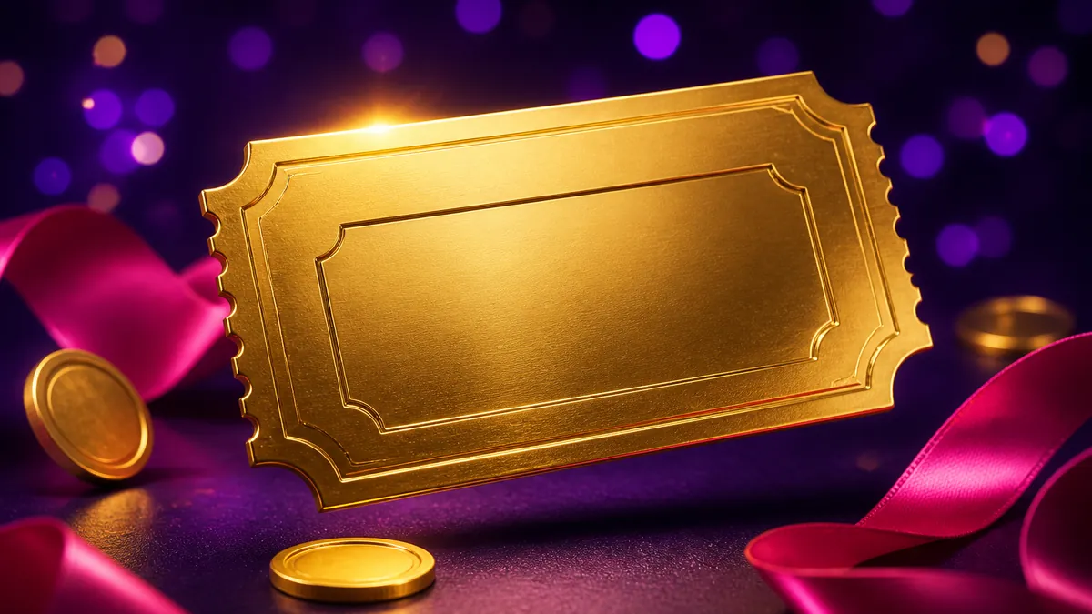 Ticket doré vierge entouré de rubans et de pièces sur fond violet
