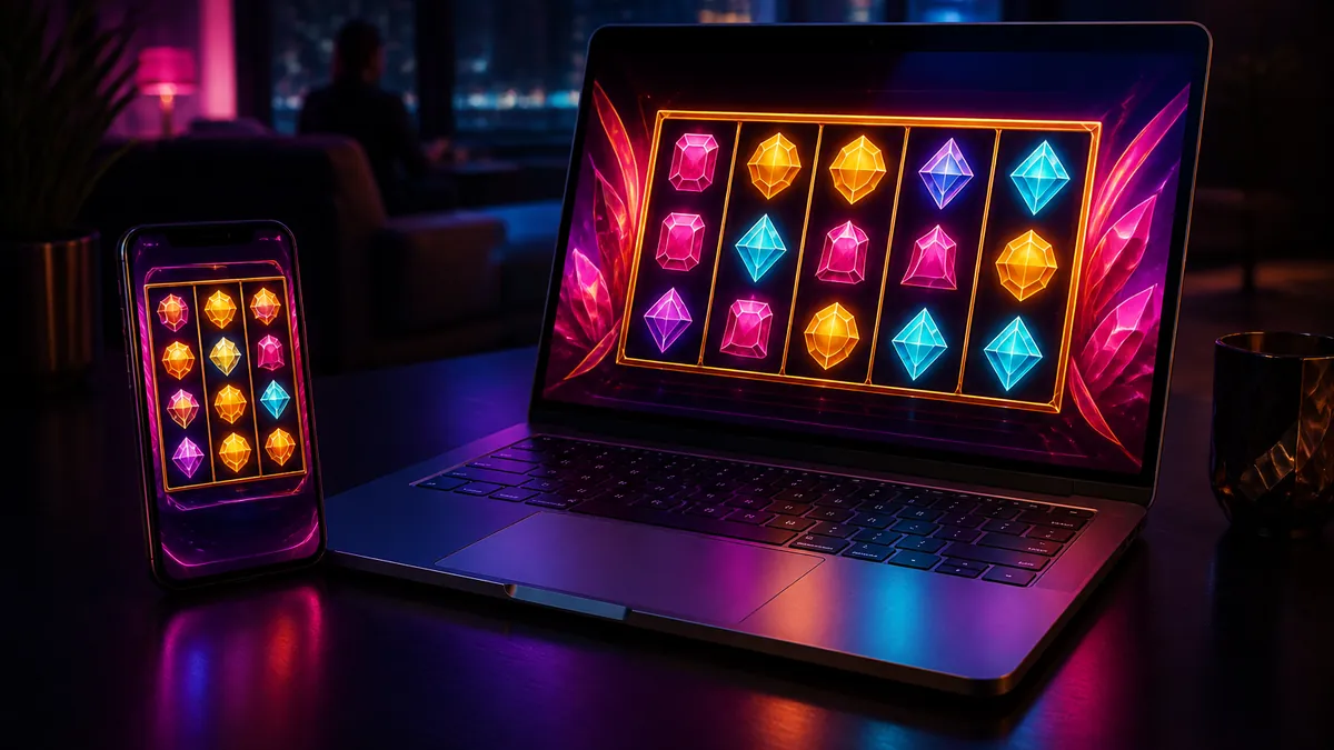 Smartphone et ordinateur portable affichant des rouleaux de pierres précieuses sur un bureau violet