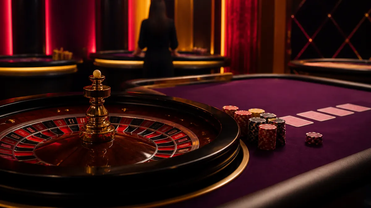 Roulette et table de cartes au tapis violet dans un studio de casino en direct