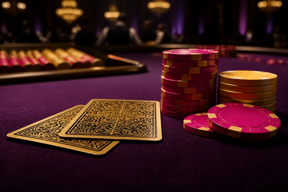 Deux cartes face cachée et piles de jetons rose et or sur un tapis violet