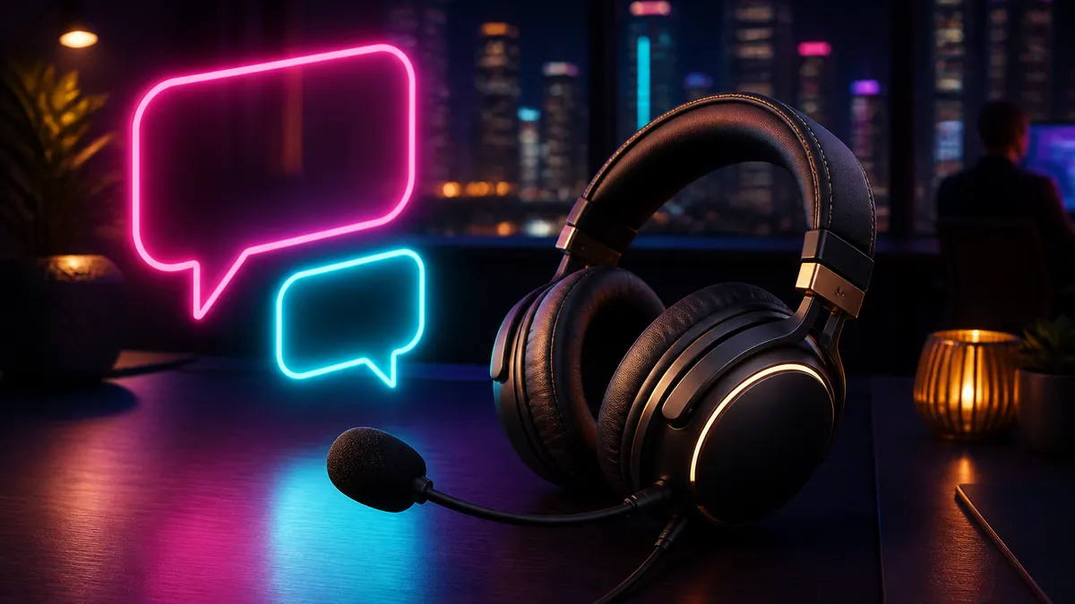 Casque avec micro sur un bureau sombre, bulles de discussion lumineuses en arrière-plan